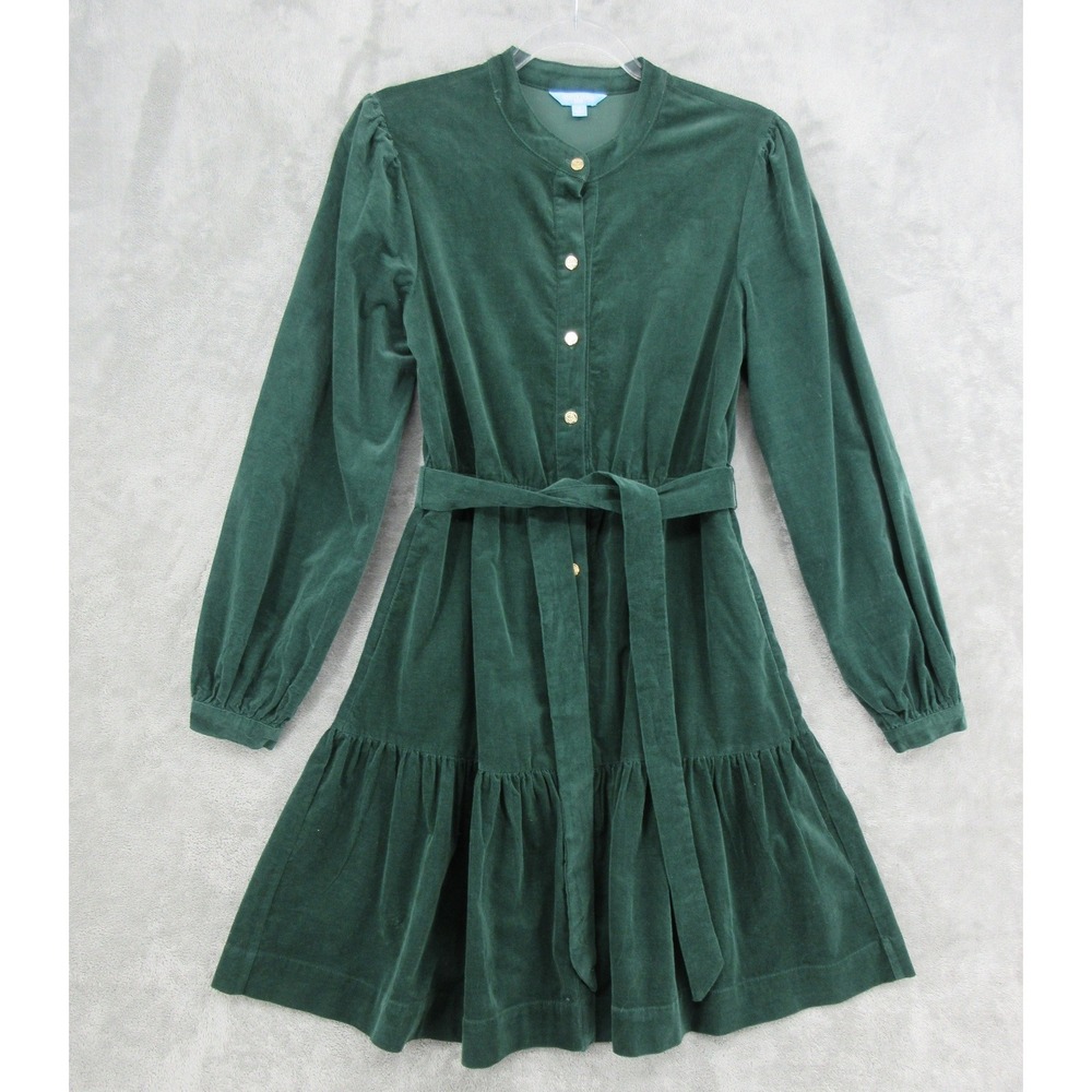 Draper James Dress Womens Size S Green Corduroy Belted Button Front Tiered Boho